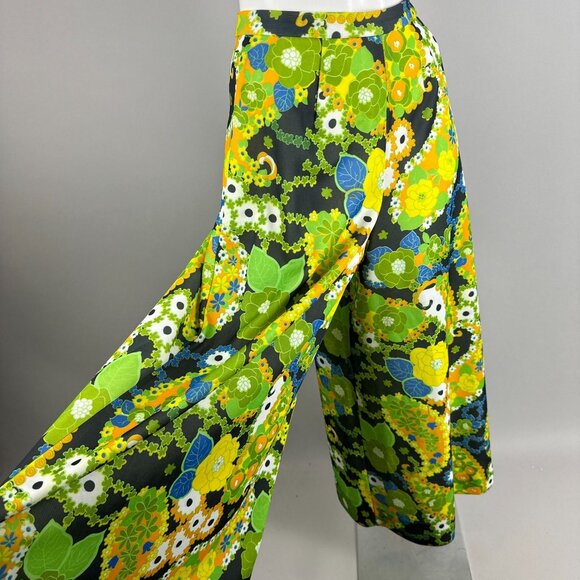 Vtg 60s Green Floral Flower Power Wide Leg Palazzo Pants Bright Bell Bottoms S - Picture 2 of 6